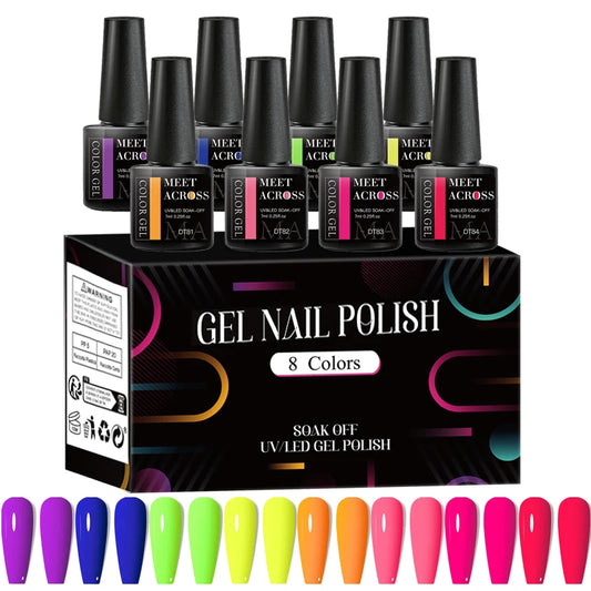 MEET ACROSS 8Pcs/Set Fluorescent Gel Nail Polish Summer Spring